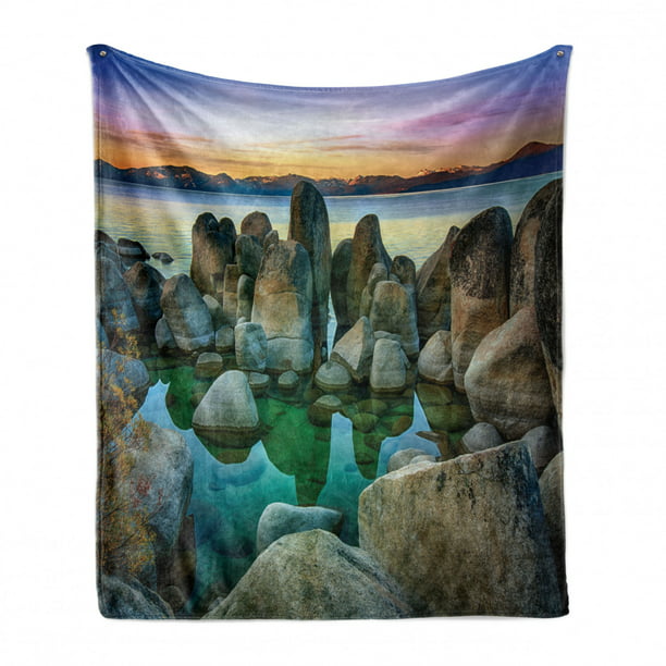 Ambesonne Lake Soft Flannel Fleece Throw Blanket Cozy Plush for Indoor and Outdoor Use 60 x 80 Grey Green Various Sized Condensed Rocks in River at Evening Time When Lamps Down Marine Theme 
